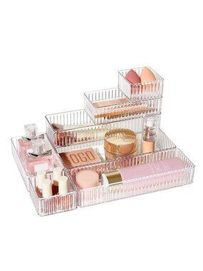 Clear Drawer Organizer Set Stackable Plastic Makeup Vanity Storage Bins 7 Pack